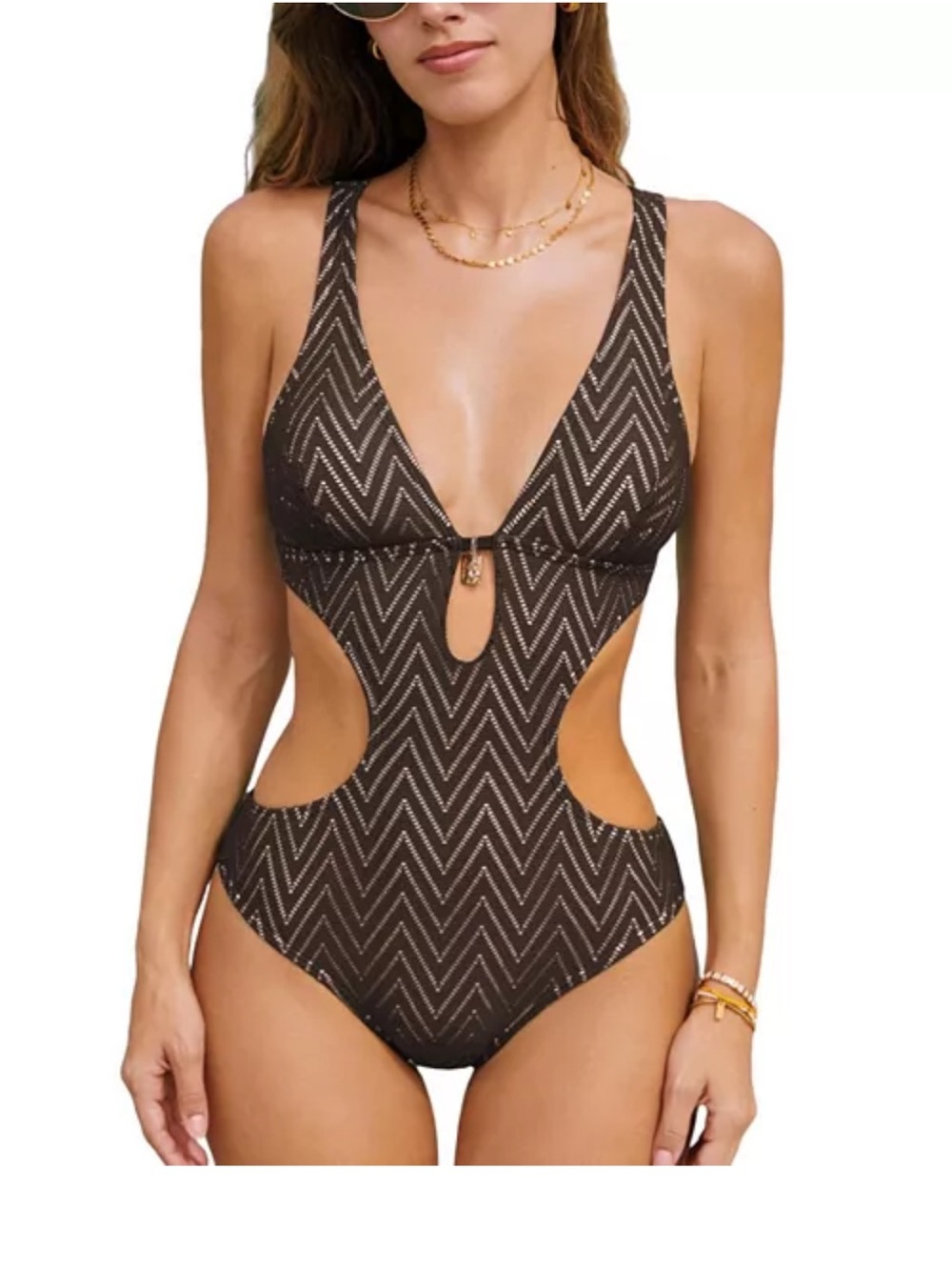 Cupshe Dark Brown Chevron Cutout One-Piece Swimsuit